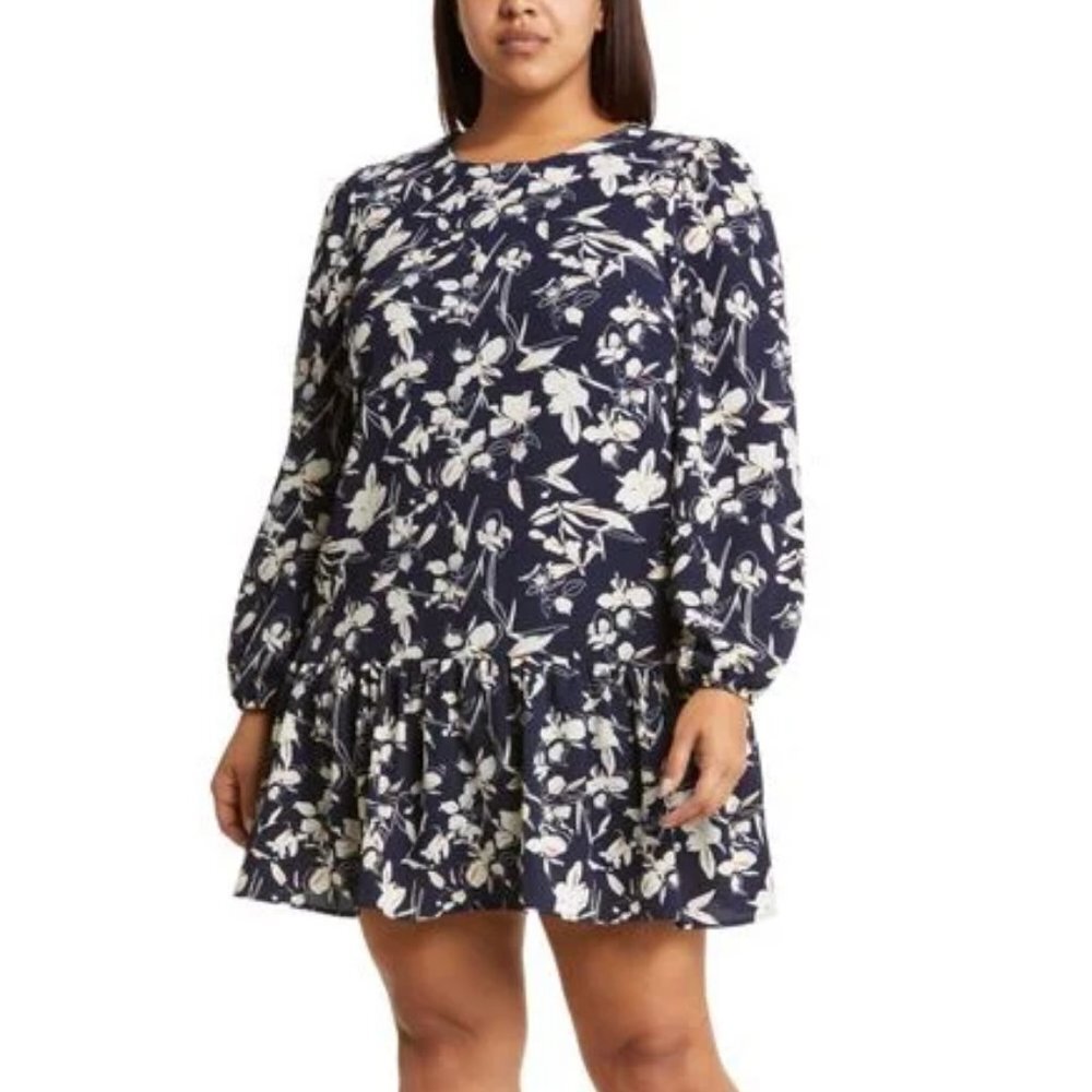 Caslon Floral Iris Print Drop Waist Long Sleeve Dress - Navy/White/Pink - 1X
